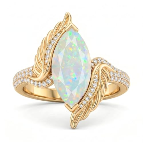 WSX Marquise Cut Gemstone Statement Ring for Women 10K 14K 18K Gold Vintage Feather Design Gemstone Promise Rings Jewelry Gifts - color: White Opal