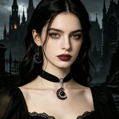 ONLYJUMP Gothic Witch Moon Earrings Necklace Set for Women Goth Black Velvet Moon Choker Necklace Moon Zirconia Dangle Drop Earrings Dark Halloween Witch Vampire Jewelry - color: Black