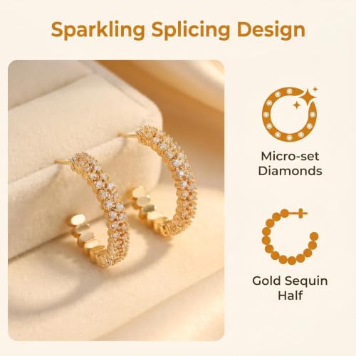 Hoop Earrings for Women, Hypoallergenic Stainless Steel Lightweight Thin Large Big Hoops Earrings Set for Women, Non Tarnish for Jewelry Gift 40MM - color: Gold Rhinestone & Square Hoop Earrings