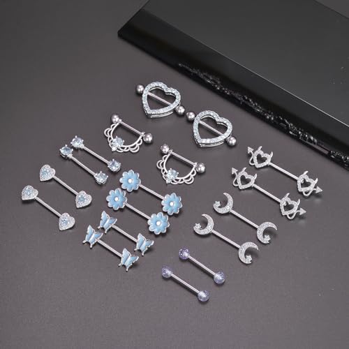 9 Pairs Nipple Rings Stainless Steel Heart Butterfly Moon Flower CZ Barbell Tongue Rings Set Cute Nipplerings Piercing Jewelry for Women Pink Silver Tone - color: C: Blue Tone