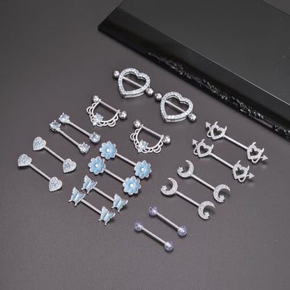 9 Pairs Nipple Rings Stainless Steel Heart Butterfly Moon Flower CZ Barbell Tongue Rings Set Cute Nipplerings Piercing Jewelry for Women Pink Silver Tone - color: C: Blue Tone