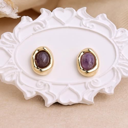 Jean Beau Chunky Gold Stone Stud Earrings for Women, Trendy Natural Gemstone Hypoallergenic Earing Valentine Jewelry Gift - color: Amethyst Purple