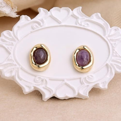 Jean Beau Chunky Gold Stone Stud Earrings for Women, Trendy Natural Gemstone Hypoallergenic Earing Valentine Jewelry Gift - color: Amethyst Purple