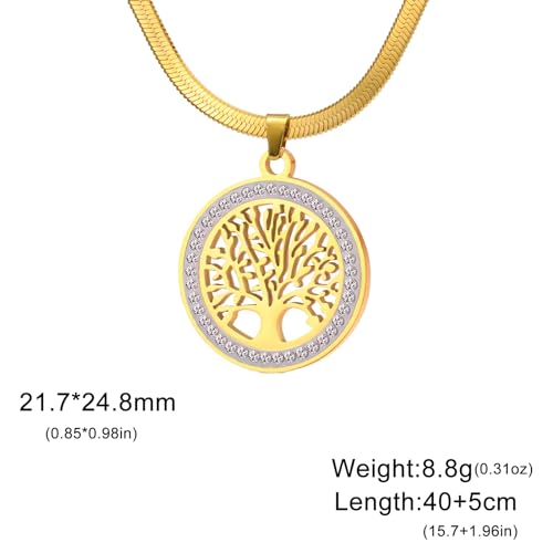 Dreamtimes Tree of Life Necklace for Women Stainless Steel Gold Color Clear Zircon Round Pendant Neck Chains Family Tree Fashion Charm Luxury Jewelry Wedding Gift - color: GOLD-2