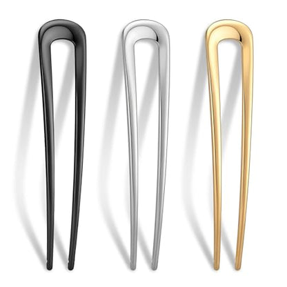 3PCS French Hair Pins for Women, U-Shaped Metal Hair Sticks for French Twist Bun Updo, Decorative Hair Forks for Thick Hair, Gold Silver Black Hair Clips Accessories