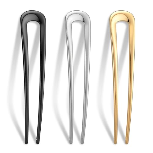 3PCS French Hair Pins for Women, U-Shaped Metal Hair Sticks for French Twist Bun Updo, Decorative Hair Forks for Thick Hair, Gold Silver Black Hair Clips Accessories