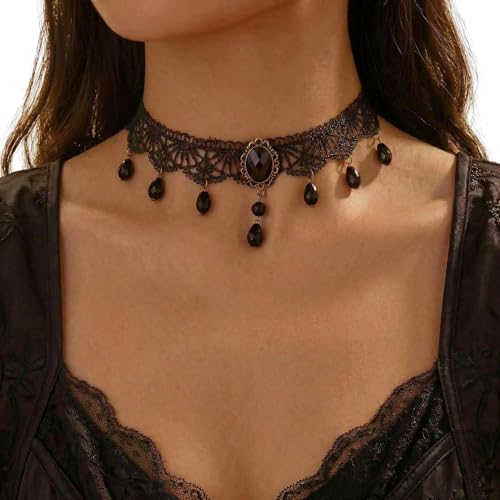 Qceasiy Gothic Black Necklace for Women, Adjustable Victorian Velvet Lace Collar, Halloween Party Cosplay Jewelry Gift - style: Gem Pendant