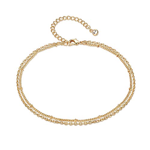 LOYATA Dainty Ankle Bracelet,14K Gold Plated Tiny Bead Anklet Dainty White Cubic Zirconia Cross Tassel Foot Chain Cute Lucky Moon Evil Eye Foot Jewelry Boho Anklets for Women - color: A double chain