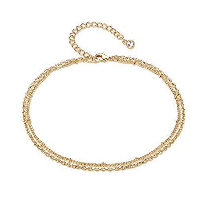 LOYATA Dainty Ankle Bracelet,14K Gold Plated Tiny Bead Anklet Dainty White Cubic Zirconia Cross Tassel Foot Chain Cute Lucky Moon Evil Eye Foot Jewelry Boho Anklets for Women - color: A double chain