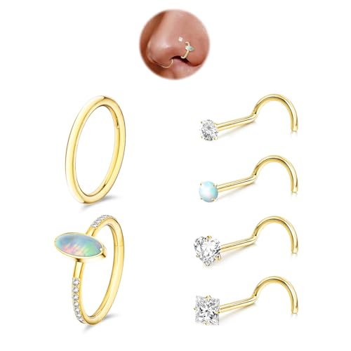 davka Nose Ring Set, 18G Hinged Hoop 8mm & 20G Nose Studs, Stainless Steel & Gold Plated, Hypoallergenic, Multiple Styles Nose Piercing Jewelry - color: Gold/Oval-Cut Opal/18g 8mm hoops/Corkscrew studs