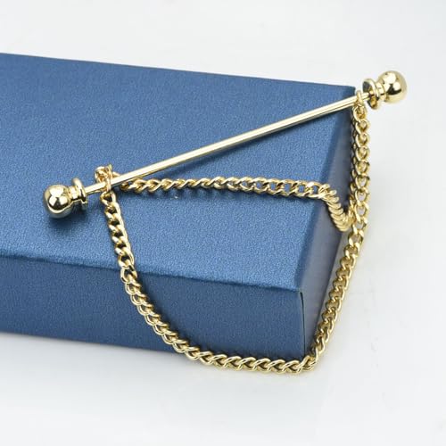 Men's Gold Plated Brass Collar Bar with Double Hanging Chain Tassel Shirt Tie Bar Collar Brooch - color: Gold Ball with Base Head