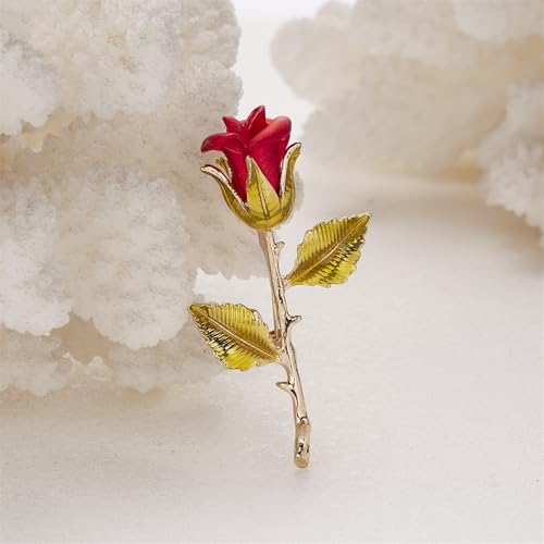 Rose Flower Brooch Pin for Women Fashion Dainty Gold Plated 3D Red Roses Floral Crystal Brooch Pin Birthday Dress Suit Accessories Jewelry - style: Yellow Leaf Rose
