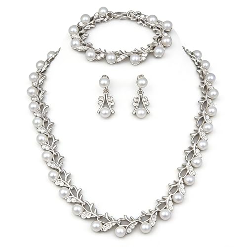 Bridal and Bridesmaid Pearl and Rhinestone Jewelry Set Crystal Necklace, Bracelet And Earrings Collection, Bohemian Adjustable Beaded Crystal for Women - style: Silver vine