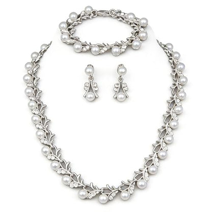Bridal and Bridesmaid Pearl and Rhinestone Jewelry Set Crystal Necklace, Bracelet And Earrings Collection, Bohemian Adjustable Beaded Crystal for Women - style: Silver vine