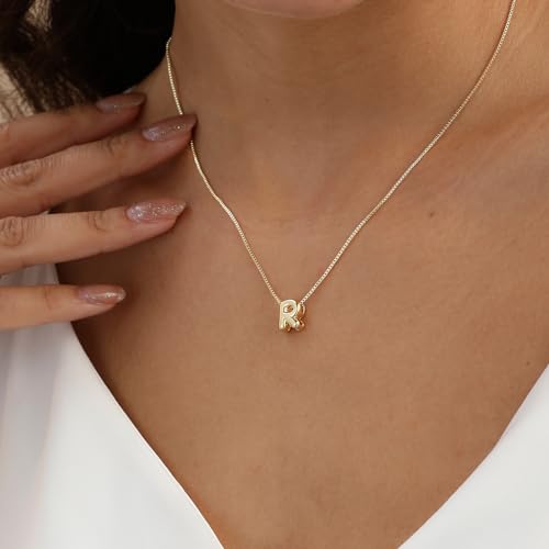 14K Gold Plated Bubble Letter Necklace, Tarnish Free and Waterproof Dainty Initial Necklace for Women, Trendy Personalized Gold Jewelry Gift for Her - color: Gold, style: R