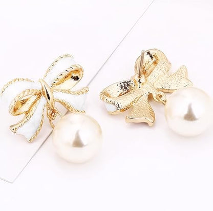 Gold Bow Earrings for Women, Long Tassel Chain Drop Earrings, Trendy Small Bow Earrings, Ribbon Waterfall Dangling Earrings, Pearl Bow Earrings, Sparkly Elegant Bowknot Preppy Jewelry Gifts for Women - color: Gold Bow-L