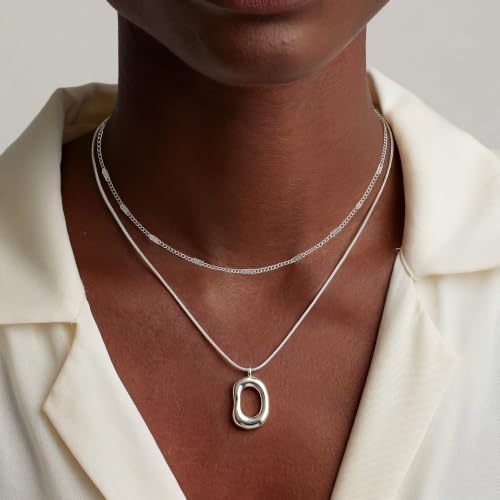 14K Gold/Silver Plated Dainty Snake Chain Layered Necklace for Women | Irregular Oval Pendant Minimalist Dainty Statement Gold Layering Everyday Jewelry - color: Silver - Cool