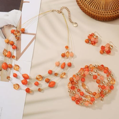 Coiris 3 Layers Illusion Wire Beaded Statement 19.5" Necklace for Women - color: ST0001-Orange