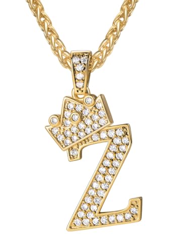 U7 Crown Initial Necklace Men Women, Bling Diamond A-Z 0-9 Letter Pendant with Wheat Chain, Silver/Black/Gold Plated CZ Alphabet Number Hip Hop Jersery for Father Husband - color: a. Gold, size: 26. Z