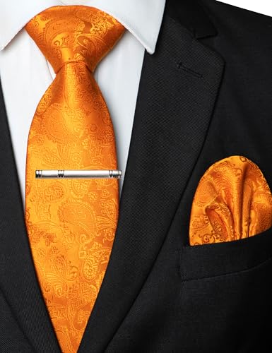 JEMYGINS Mens Solid Color Paisley Necktie and Pocket Square with Tie Clip Sets - color: Orange2