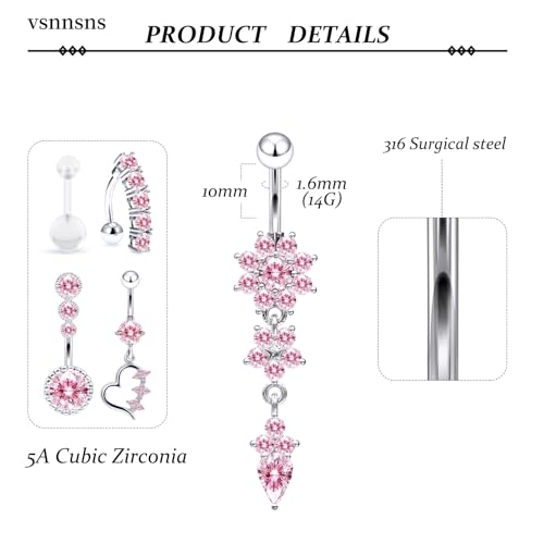 14G Dangle Belly Button Ring Piercing Jewelry 316L Stainless Surgical Steel Heart Flower CZ Reverse Navel Rings Dangling Belly Button Ring Piercing Jewelry for Women 14 Gauge Hypoallergenic - style: 12Pcs Pink