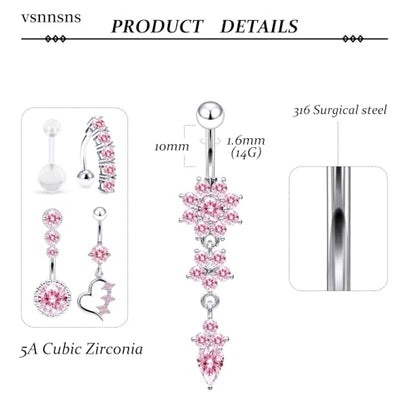 14G Dangle Belly Button Ring Piercing Jewelry 316L Stainless Surgical Steel Heart Flower CZ Reverse Navel Rings Dangling Belly Button Ring Piercing Jewelry for Women 14 Gauge Hypoallergenic - style: 12Pcs Pink