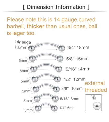Rook Piercing Jewelry Rook Earrings for Women Eyebrow Rings Surgical Steel Vertical Labret Jewelry 16g 14g Curved Barbell Snug Daith Surface Tragus Piercing Jewelry Silver Gold - color: B2-14g thicker - 7 length- silver