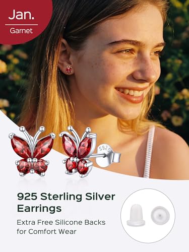 ChicSilver 925 Sterling Silver Bow/Butterfly Earrings for Women Hypoallergenic Birthstone Earrings Dainty Bow/Butterfly Jewelry Gift for Women - color: Butterfly-January-Garnet