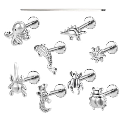 AOEDEJ 16G Internally Threaded Labret Surgical Steel 8PCS Animal Flat Back Hypoallergenic Cartilage Helix Tragus Conch Helix Studs Earrings for Women Men - color: Silver, size: 1.2*8mm