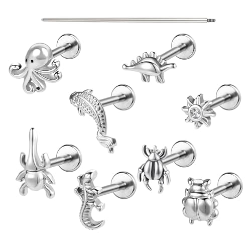 AOEDEJ 16G Internally Threaded Labret Surgical Steel 8PCS Animal Flat Back Hypoallergenic Cartilage Helix Tragus Conch Helix Studs Earrings for Women Men - color: Silver, size: 1.2*6mm