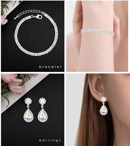 Elegant Silver Crystal Wedding Necklace Earrings Bracelet Jewelry Set for Women Brides Bridesmaids Prom Party Costume Accessory Bridal Jewelry - color: silver-iridescent AB