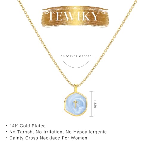 Tewiky Cross Necklace for Women 14k Gold Plated Cross Pendant Necklaces | Cute Necklaces for Women,Jewelry ,Graduation Gift for Her - color: Deep Blue