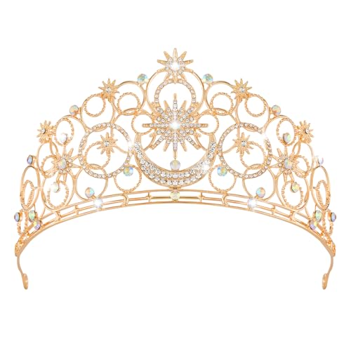 Crystal Crowns for Women, Crystal Bubble TiaraBride Royal Queen Headband Princess Headpieces for Women Bridal Wedding Prom Birthday Party Crowns - color: Golden Star & Moon Crown