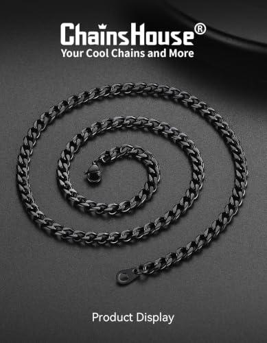 ChainsHouse Miami Cuban Link Chain Necklace for Men, Stainless Steel | 4.8/6/10/14mm Widths, Black/14K Gold Plated Finishes, Hip Hop Style, Daily Wear, Gift Box Included - color: Black