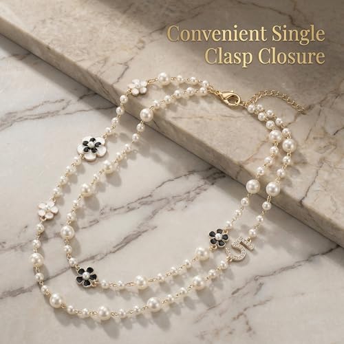 Long Layered Faux Pearl Necklace for Women Floral Sweater Chain | Chic multi-strand accessories decorated with a classic digit 5.