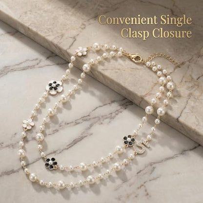 Long Layered Faux Pearl Necklace for Women Floral Sweater Chain | Chic multi-strand accessories decorated with a classic digit 5.