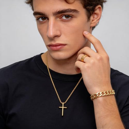 3-Piece Cross Pendant Necklaces Bracelets Rings Jewelry Sets for Men Women,Cuban Chain Bangle,Adjustable Box Link,Religious Charm,Fashion Jewelry Accessories for Party Birthday Gifts - color: Gold