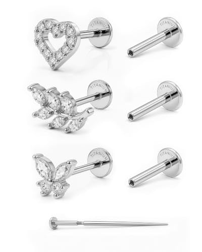 YACHY ASTM F136 G23 Titanium Flat Back Stud Earrings, Internally Threaded Screw-On Hypoallergenic Body Piercing Jewelry for Everyday Wear, Tragus Helix Conch Monroe Medusa Lip, 18G 6mm 8mm - color: Blooming Love--3pcs+3bar--Silver, size: 6mm+8mm
