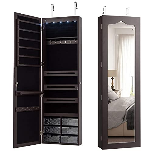 CHARMAID Jewelry Cabinet Armoire, Wall Mount Door Hanging, Lockable Jewelry Organizer with 47.5'' Full Length Mirror, 5 Lights, Large Jewelry Storage Box with 6 Acrylic Drawers (Brown)