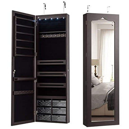 CHARMAID Jewelry Cabinet Armoire, Wall Mount Door Hanging, Lockable Jewelry Organizer with 47.5'' Full Length Mirror, 5 Lights, Large Jewelry Storage Box with 6 Acrylic Drawers (Brown)