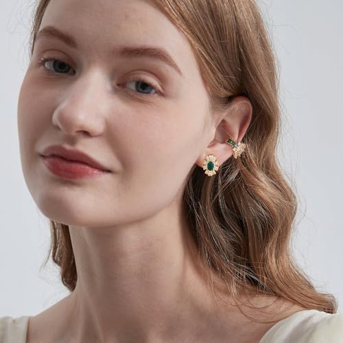 Gold Ear Cuff Earring for Women 14K Gold Plated Cubic Zirconia Non-Pierced Clip on Cartilage Chunky Ear Cuffs Hypoallergenic Jewelry - style: flower