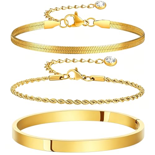 Waterproof Gold Bangle Bracelet sets for Women, 18K Gold PVD Plated Stainless Steel Stackable Bracelets Non Tarnish Oval Design, Minimalist Trendy Premium Jewelry - color: Gold 3pcs