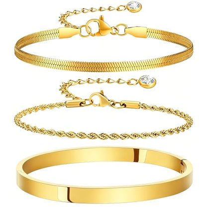 Waterproof Gold Bangle Bracelet sets for Women, 18K Gold PVD Plated Stainless Steel Stackable Bracelets Non Tarnish Oval Design, Minimalist Trendy Premium Jewelry - color: Gold 3pcs