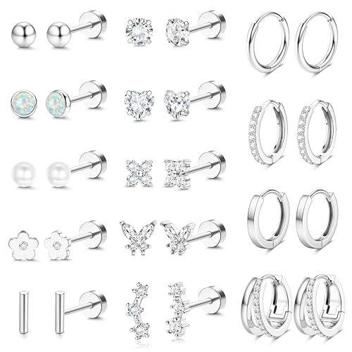 BESTEEL Hypoallergenic Flat Back Earrings - 14K Gold Plated Cartilage Earring Sets 20G Surgical Stainless Steel Earrings for Women Small Hoop Flatback Stud Earring Stacks Helix Conch Tragus Piercing Jewelry - color: Silver Plated