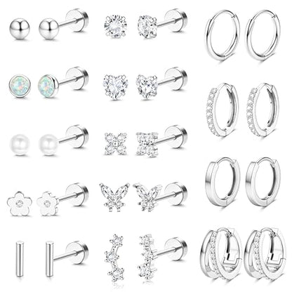BESTEEL Hypoallergenic Flat Back Earrings - 14K Gold Plated Cartilage Earring Sets 20G Surgical Stainless Steel Earrings for Women Small Hoop Flatback Stud Earring Stacks Helix Conch Tragus Piercing Jewelry - color: Silver Plated
