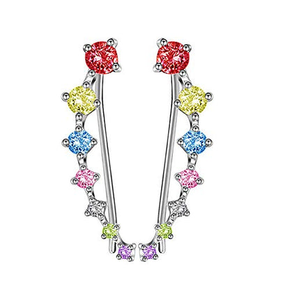 Colorful Climbers Cuff Wrap Cubic Zirconia S925 Sterling Silver Fashion Studs Crawler Pierced Earrings for Women 7 Crystal CZ Hypoallergenic for Sensitive Ears Gifts for Birthday Sister Bff