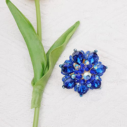 Flower Shape Crystal Cocktail Stretch Ring Party Prom Floral Statement Elastic Ring for Women - color: royal blue-gold tone