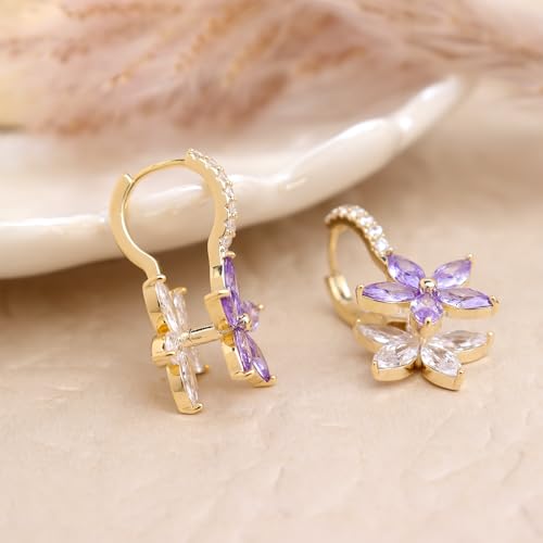 Sonateomber Gold Silver Small Hoop Dangle Earrings for Women, Trendy Dainty Rhinestone CZ Dangling Prom Wedding Leaf Flower Snowflake Butterfly Starfish Fashion Jewelry Gift - color: Purple Flower