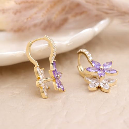 Sonateomber Gold Silver Small Hoop Dangle Earrings for Women, Trendy Dainty Rhinestone CZ Dangling Prom Wedding Leaf Flower Snowflake Butterfly Starfish Fashion Jewelry Gift - color: Purple Flower