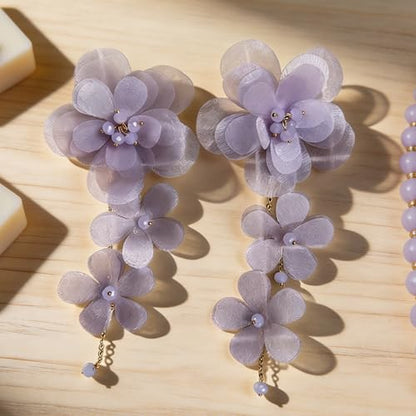 Flower Earrings for Women Long Fabric Flower Tassel Earrings Bohemian Handmade Floral Statement Earring Wedding Prom Jewelry Gifts - color: A6:purple